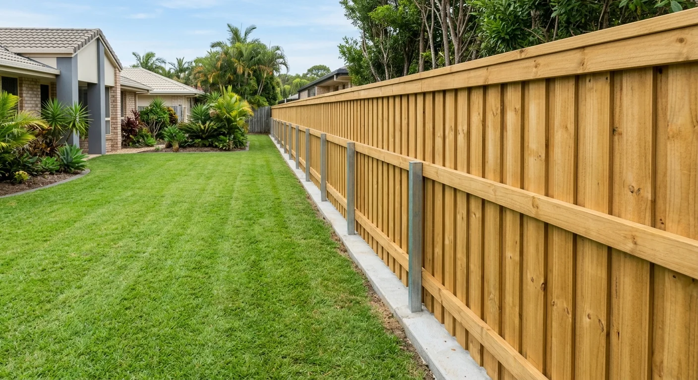 New lapped and capped treated pine fence along a side boundary on a Gold Coast property