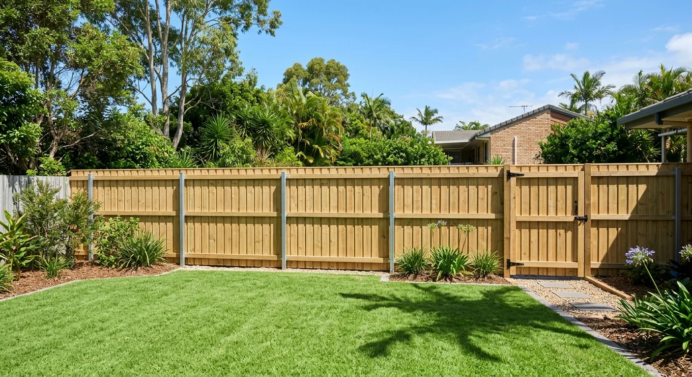 New pine paling fence with matching timber gate along a rear boundary on a Gold Coast property