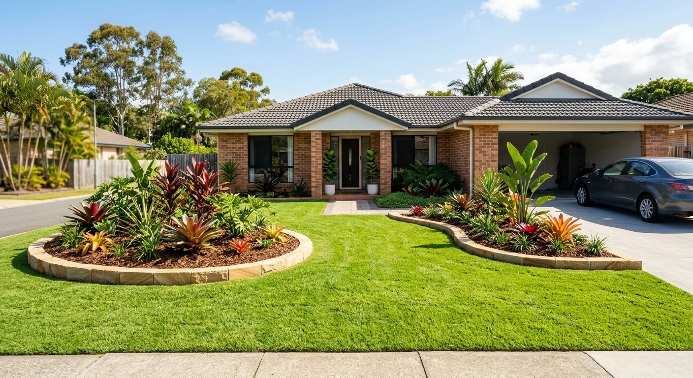 Front yard landscaping with fresh turf, garden beds, subtropical plants, and stone edging on a Gold Coast property
