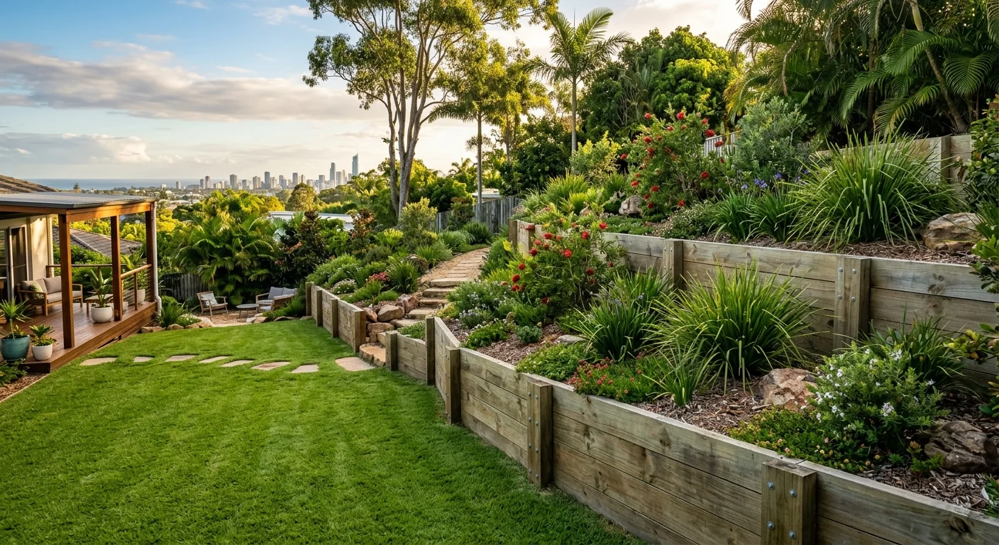 Terraced backyard with timber retaining wall, native garden beds, and fresh turf on a sloped Gold Coast property