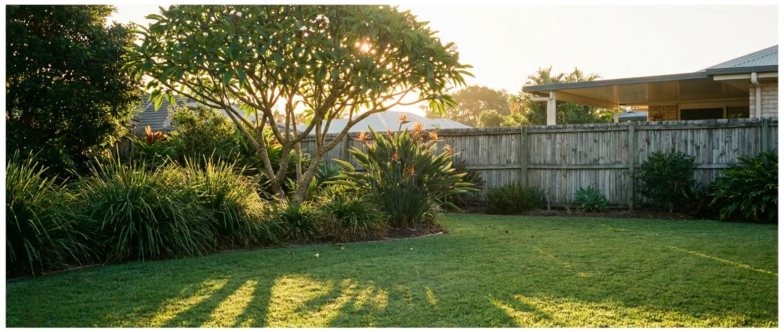Beautifully landscaped Gold Coast backyard with treated pine fence and subtropical garden