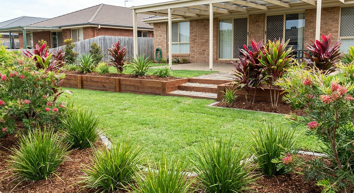 Professional landscaping on a Gold Coast property with native plants and fresh turf